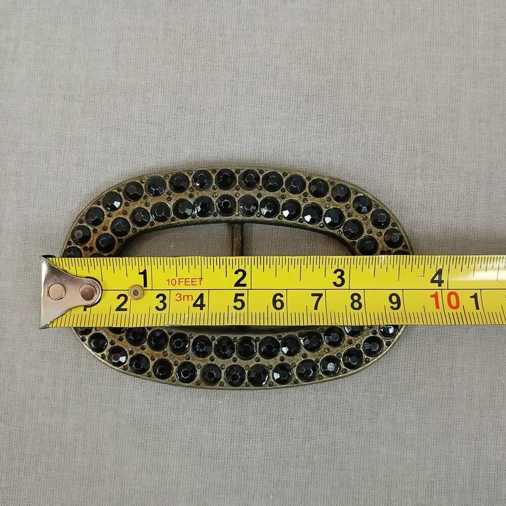 Oval brass vintage belt buckle studded with black rhinestones 4